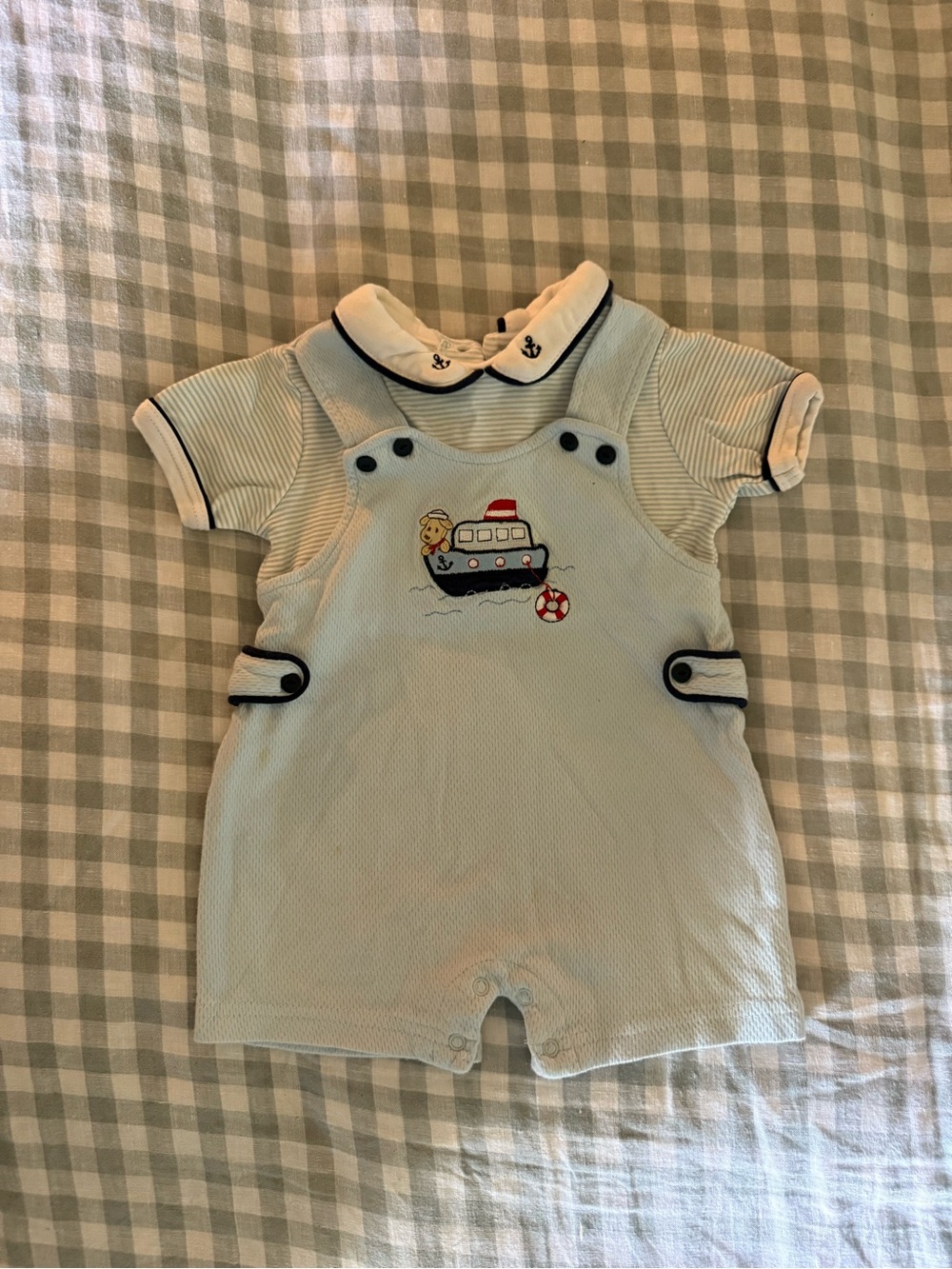 Sears Light Blue Nautical Embroidered Baby Romper with Navy Trim